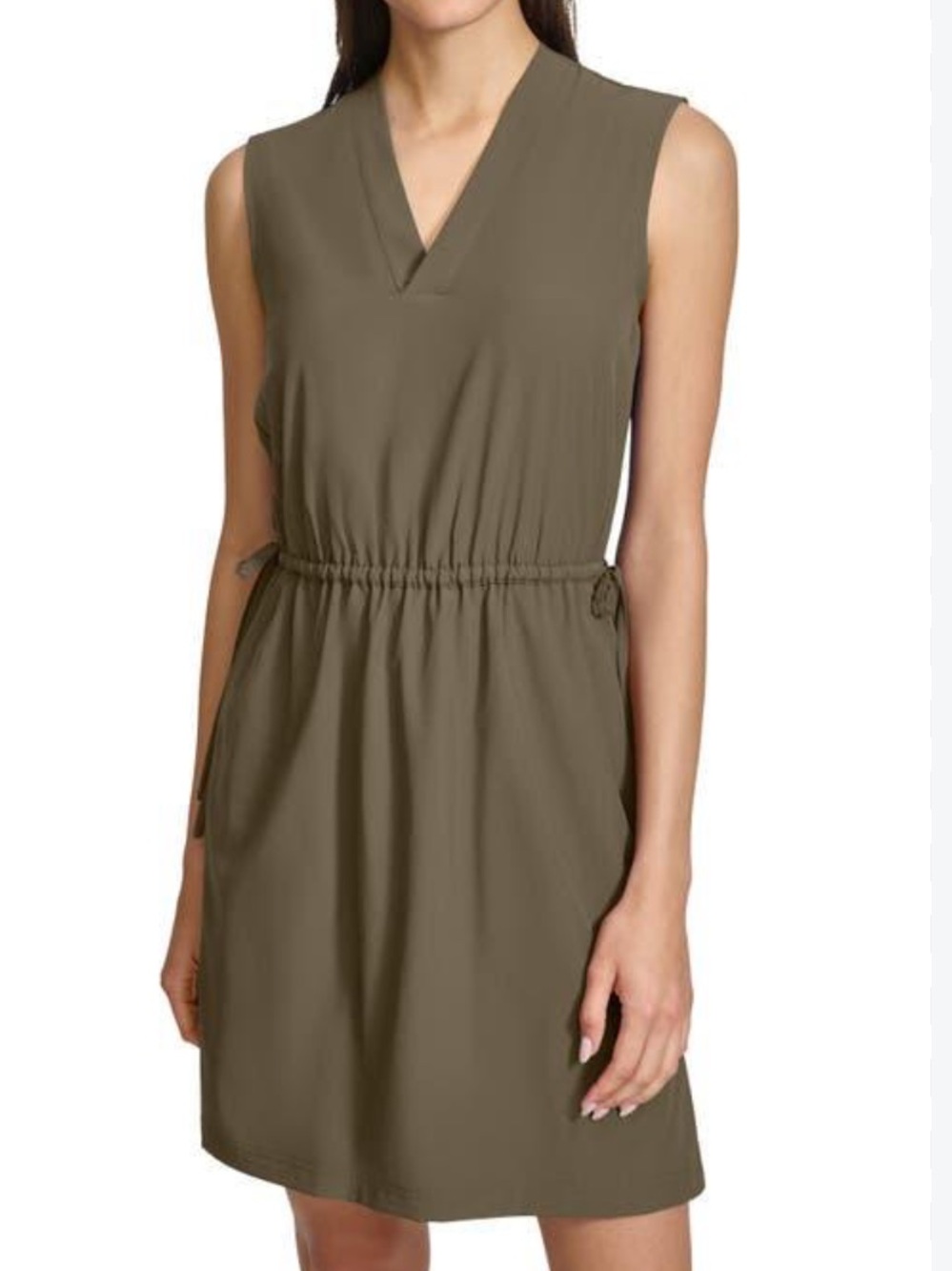 Calvin Klein Sheath Dress Sleeveless Olive Green Drawstring Waist Women Medium